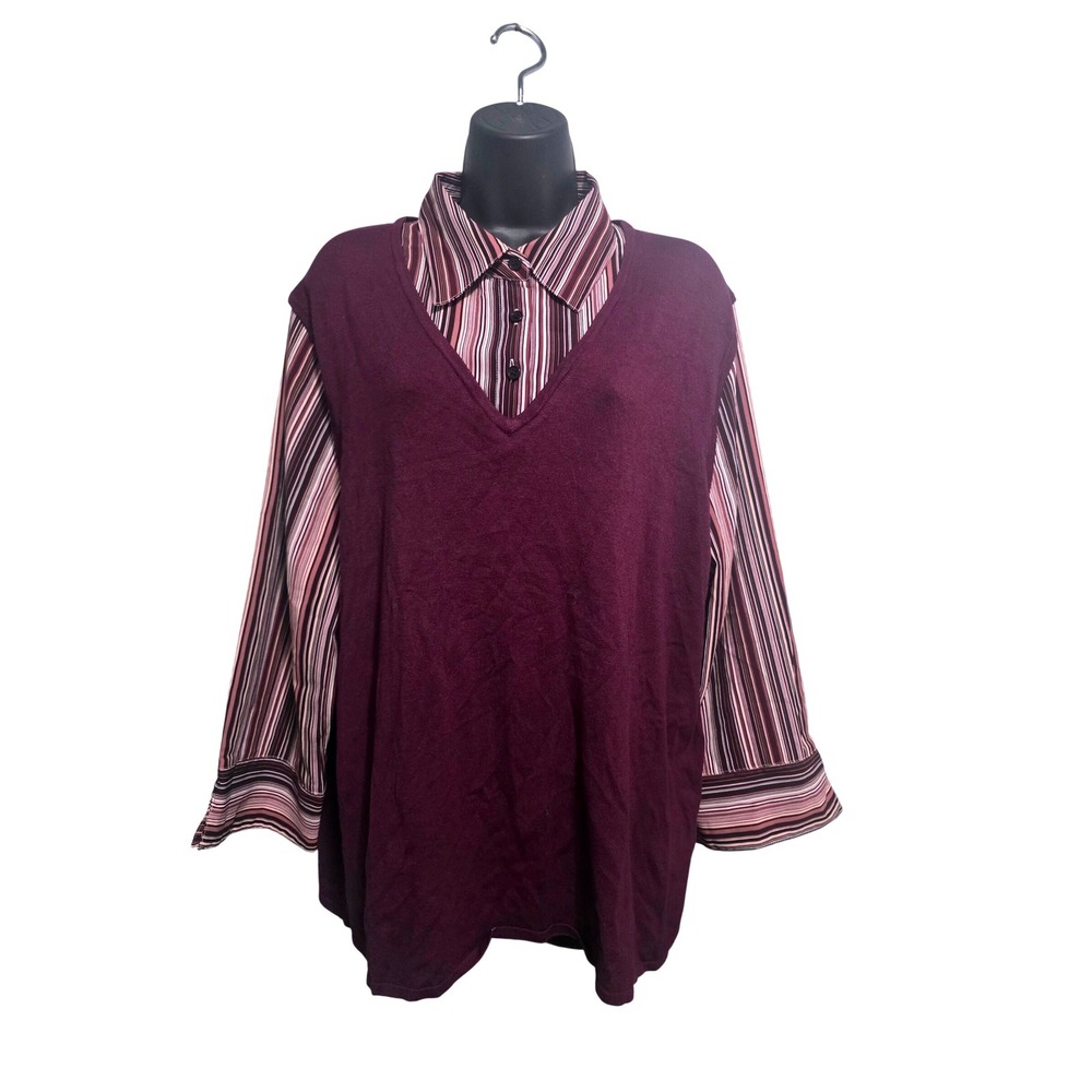 Covington Woman Plus Size 20-22W Burgundy Layered Look Striped Sweater Top